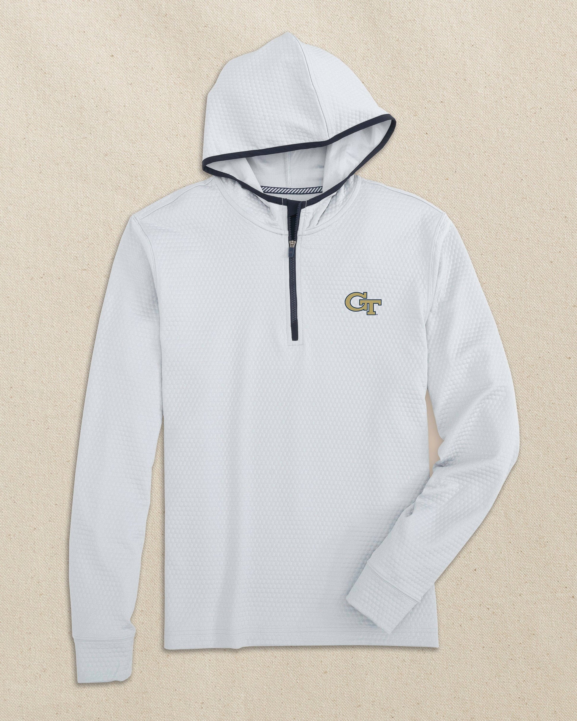 The front view of the Southern Tide Georgia Tech Scuttle Quarter Zip Hoodie by Southern Tide - Heather Slate Grey