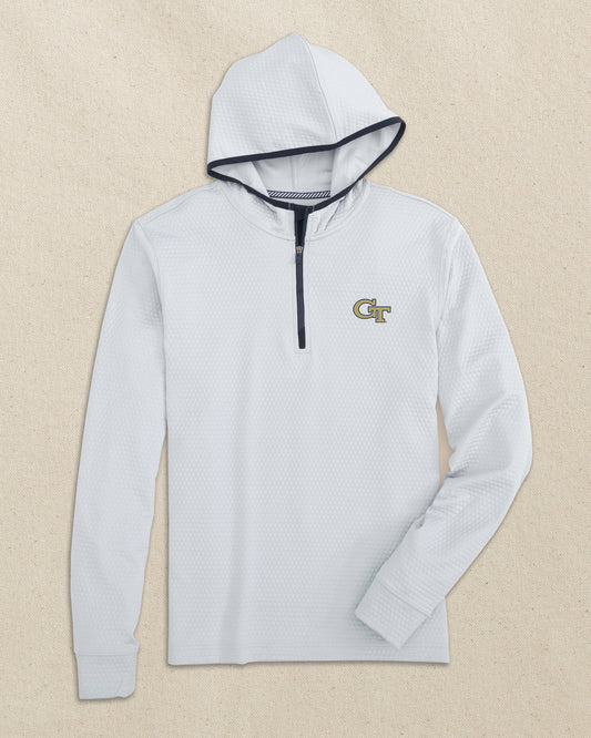 The front view of the Southern Tide Georgia Tech Scuttle Quarter Zip Hoodie by Southern Tide - Heather Slate Grey