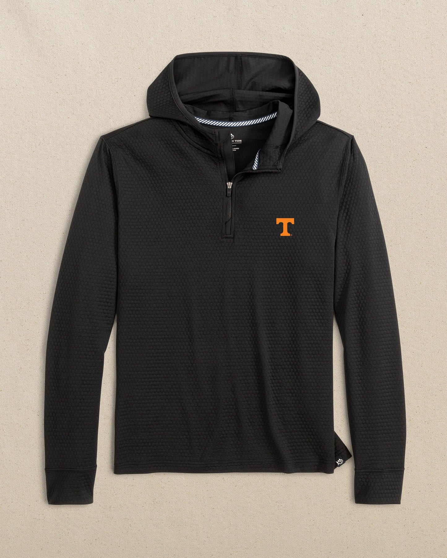 The front view of the Southern Tide Tennessee Vols Scuttle Quarter Zip Hoodie by Southern Tide - Caviar Black