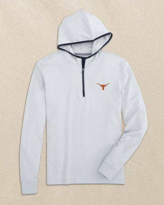 The front view of the Southern Tide Texas Longhorns Scuttle Quarter Zip Hoodie by Southern Tide - Heather Slate Grey